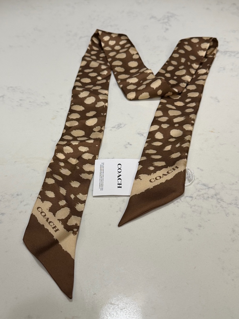COACH Brown and Cream Leopard-Spot Silk Twilly Scarf - Picture 2 of 6